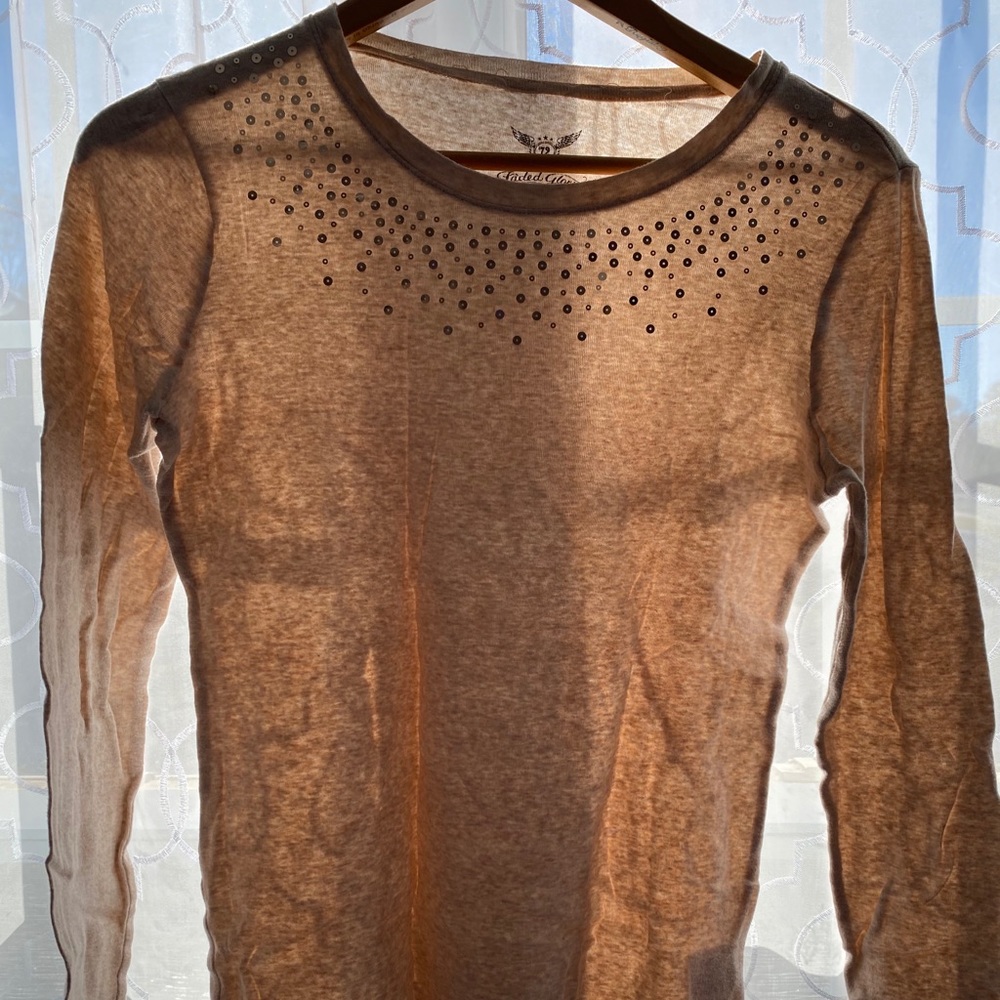 Cream Colored Long Sleeve Top with Sequin Neckline